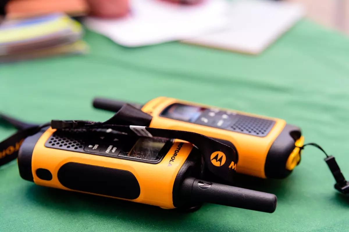 a set of walkie talkies on a table.