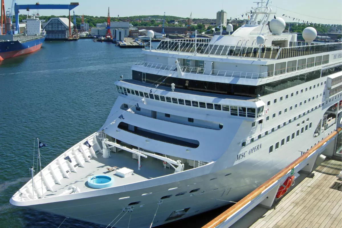 cruise ship docked at a port