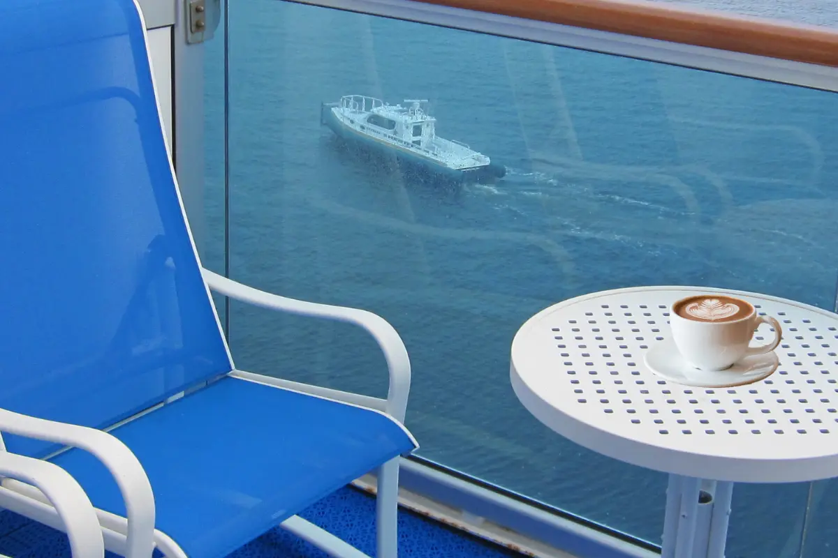 coffee on the table of a cruise ship balcony